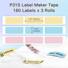 Load image into Gallery viewer, POLONO Genuine P31S Label Maker Tape, 12x40mm(0.47"x1.57"), Label Maker Tape Refill for Home/Office, Compatible with P31S Label Maker, 540 Labels,Pink/Blue/Yellow