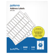 Load image into Gallery viewer, Address Labels, Shipping Labels for Inkjet & Laser Printers, POLONO Mailing Address Labels with 1" x 2 5/8", 3000 Labels, 100 Sheets,