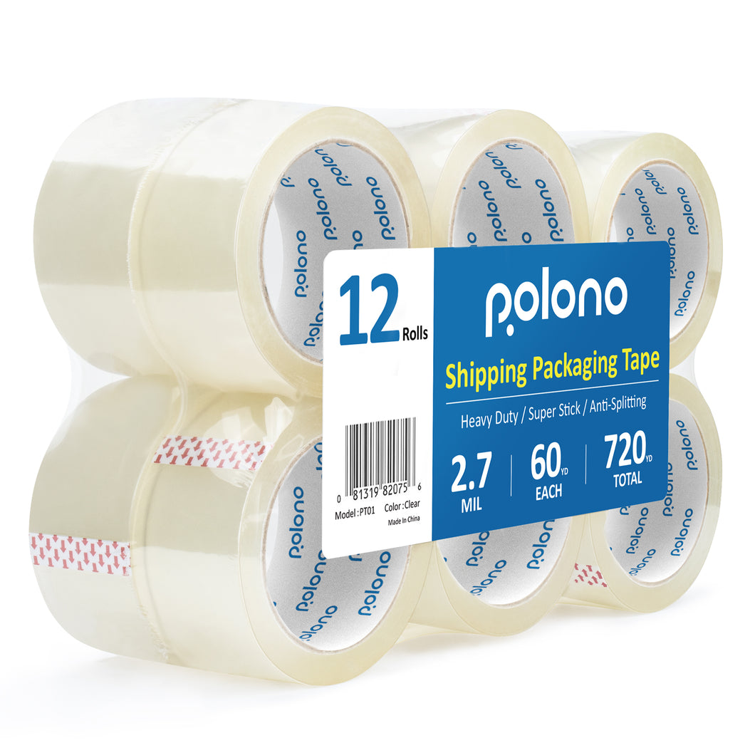 Clear Packing Tape, POLONO 12 Rolls Heavy Duty Packing Tape for Moving Boxes, 2.7 mil, 1.88