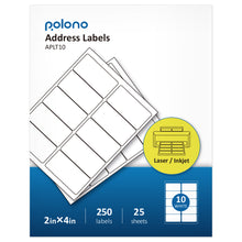 Load image into Gallery viewer, 2&quot; x 4&quot; Shipping Address Labels, POLONO Internet Mailing Shipping Labels, Sticker Labels for Laser/Inkjet Printer, Permanent Adhesive (250 Labels, 25 Sheets)
