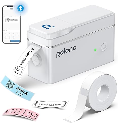 POLONO P31S Label Maker Machine with Tape, Portable Bluetooth Label Printer for Organizing Storage Office Home, Sticker Maker Mini Label Maker with Multiple Templates, White