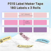 Load image into Gallery viewer, POLONO Genuine P31S Label Maker Tape,  Self-Adhesive Refill for Home/Office, 14x40mm(0.55&quot;x1.57&quot;), Compatible with P31S Label Maker, 540 Labels/3 Roll, Purple/Rose/Pink
