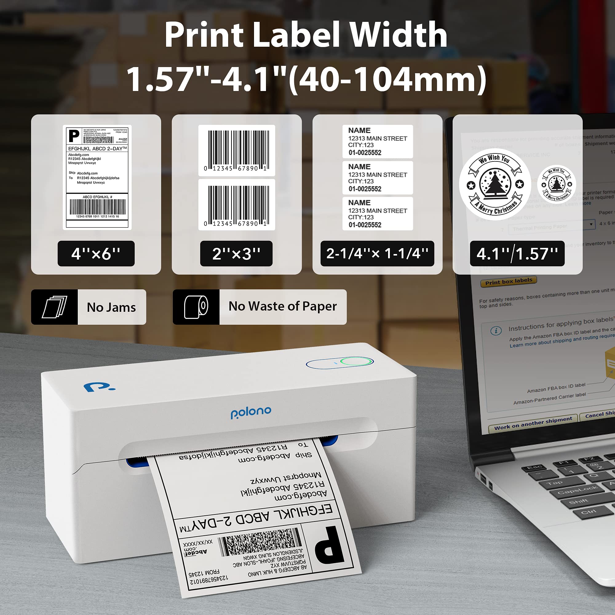 POLONO Bluetooth Thermal Shipping Label Printer, Wireless 4x6 