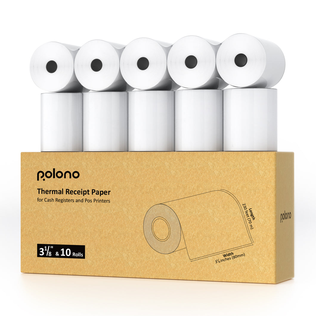 POLONO 3 1/8” x 230' Thermal Paper, Receipt Paper Suitable for Many Credit Card Terminals, POS Machines, Cash Registers, and Square Printers, BPA Free Receipt Paper, Receipt Paper Rolls, 10 Rolls